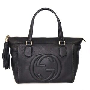Gucci Soho Interlocking GG Handbag Tote Bag Black Leather Tassel